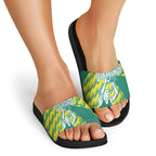 Australian Diamonds Netball Slide Sandals Bold Geometric Zigzag Pattern With Athletic Player Graphics
