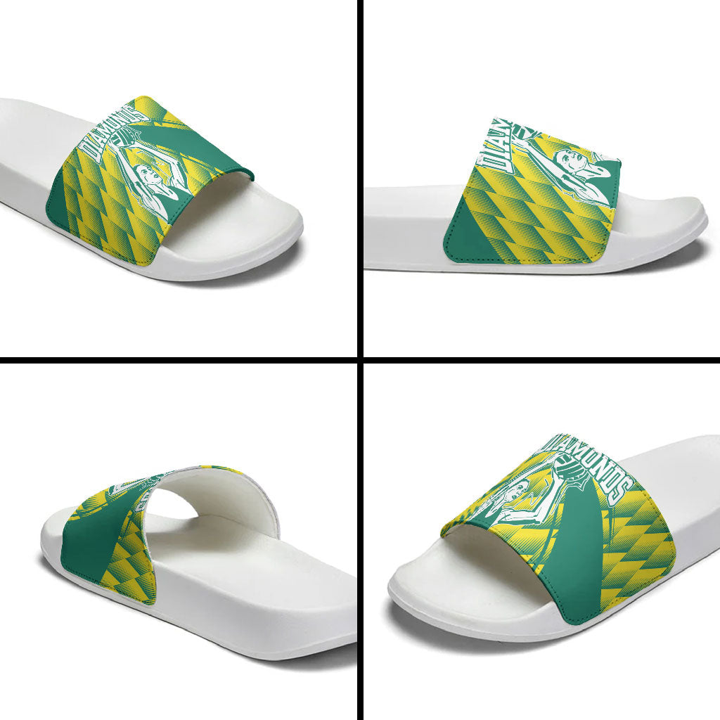 Australian Diamonds Netball Slide Sandals Bold Geometric Zigzag Pattern With Athletic Player Graphics