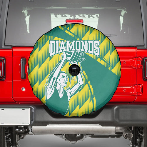 Australian Diamonds Netball Spare Tire Cover Bold Geometric Zigzag Pattern With Athletic Player Graphics