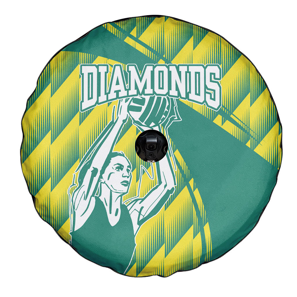 Australian Diamonds Netball Spare Tire Cover Bold Geometric Zigzag Pattern With Athletic Player Graphics