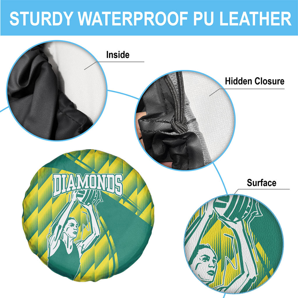 Australian Diamonds Netball Spare Tire Cover Bold Geometric Zigzag Pattern With Athletic Player Graphics