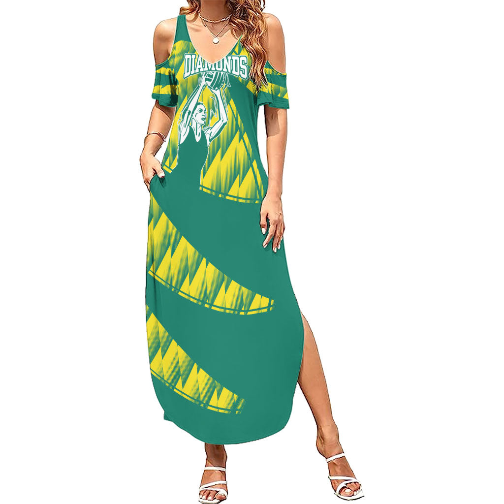 Australian Diamonds Netball Summer Maxi Dress Bold Geometric Zigzag Pattern With Athletic Player Graphics