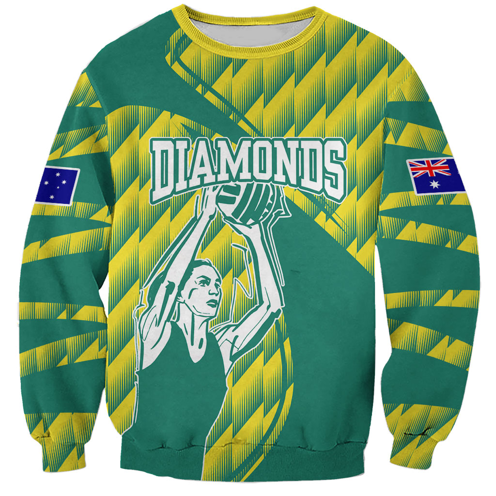 Australian Diamonds Netball Sweatshirt Bold Geometric Zigzag Pattern With Athletic Player Graphics