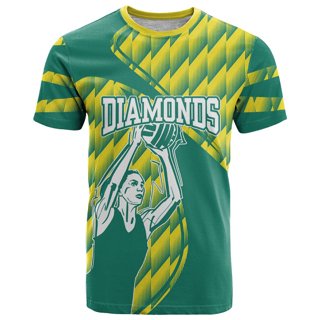Australian Diamonds Netball T Shirt Bold Geometric Zigzag Pattern With Athletic Player Graphics