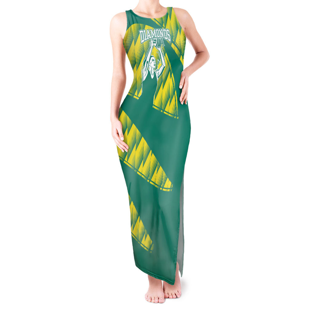 Australian Diamonds Netball Tank Maxi Dress Bold Geometric Zigzag Pattern With Athletic Player Graphics