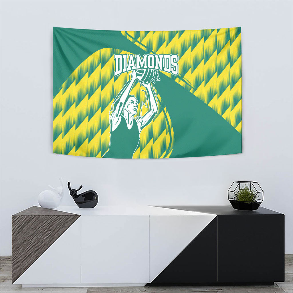Australian Diamonds Netball Tapestry Bold Geometric Zigzag Pattern With Athletic Player Graphics