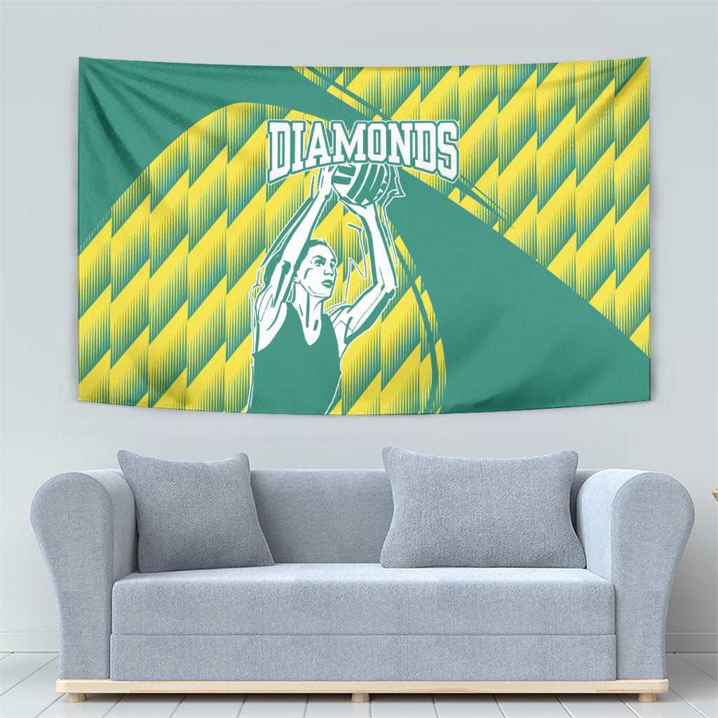 Australian Diamonds Netball Tapestry Bold Geometric Zigzag Pattern With Athletic Player Graphics