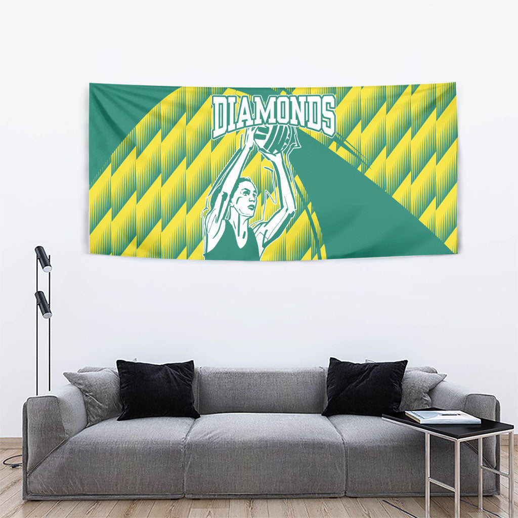 Australian Diamonds Netball Tapestry Bold Geometric Zigzag Pattern With Athletic Player Graphics