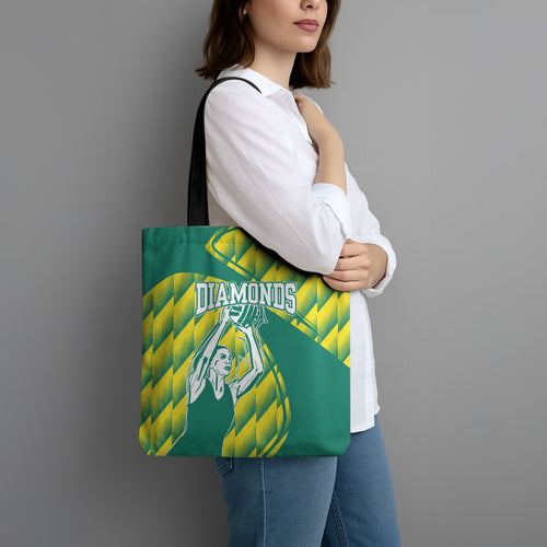 Australian Diamonds Netball Tote Bag Bold Geometric Zigzag Pattern With Athletic Player Graphics