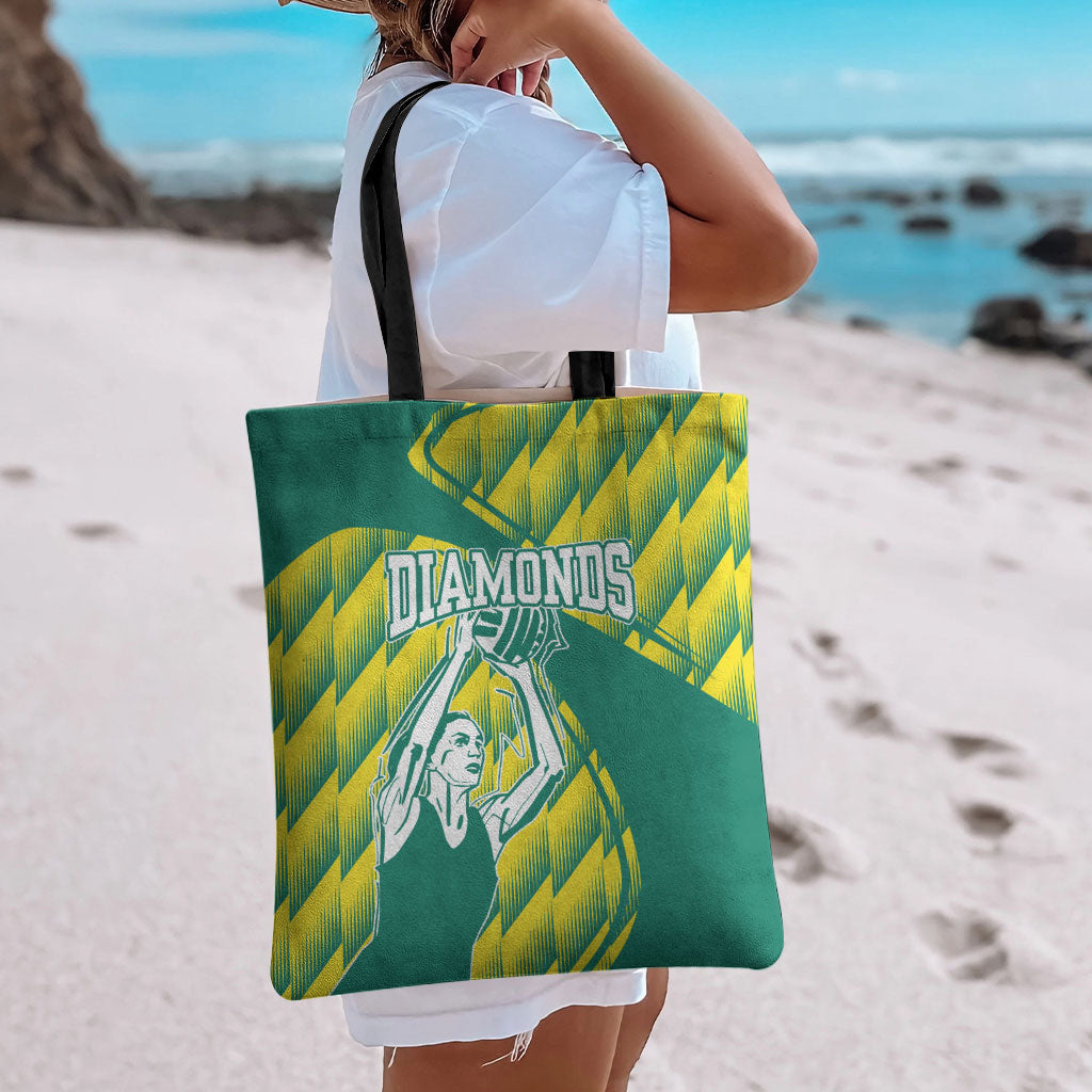 Australian Diamonds Netball Tote Bag Bold Geometric Zigzag Pattern With Athletic Player Graphics