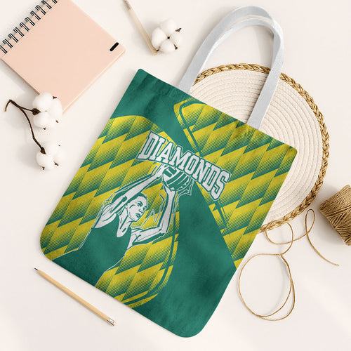 Australian Diamonds Netball Tote Bag Bold Geometric Zigzag Pattern With Athletic Player Graphics