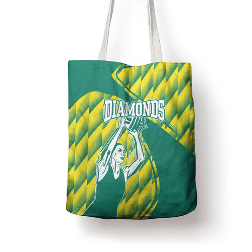 Australian Diamonds Netball Tote Bag Bold Geometric Zigzag Pattern With Athletic Player Graphics