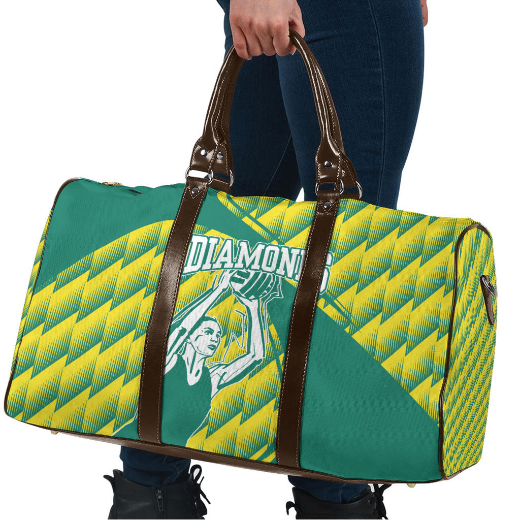 Australian Diamonds Netball Travel Bag Bold Geometric Zigzag Pattern With Athletic Player Graphics