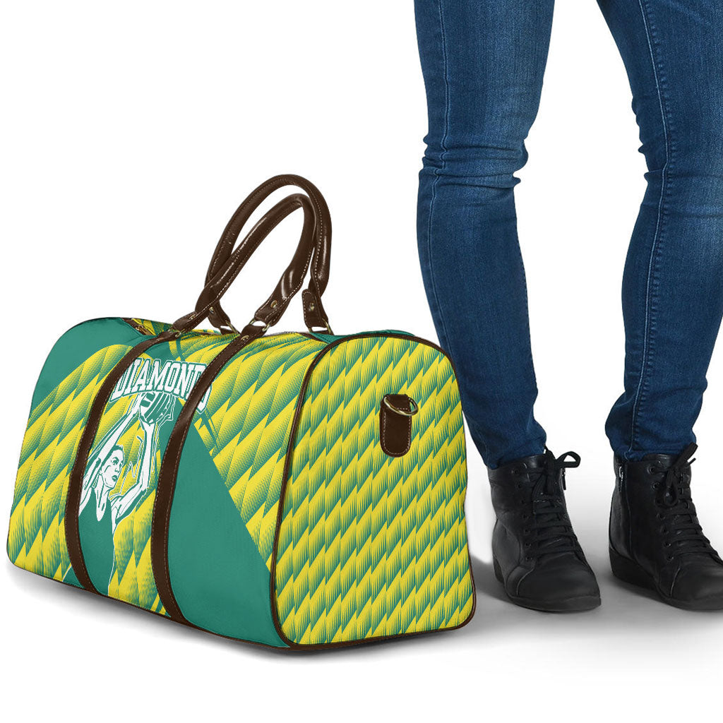 Australian Diamonds Netball Travel Bag Bold Geometric Zigzag Pattern With Athletic Player Graphics