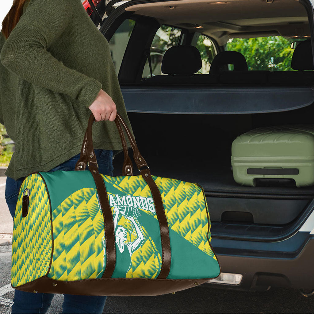 Australian Diamonds Netball Travel Bag Bold Geometric Zigzag Pattern With Athletic Player Graphics