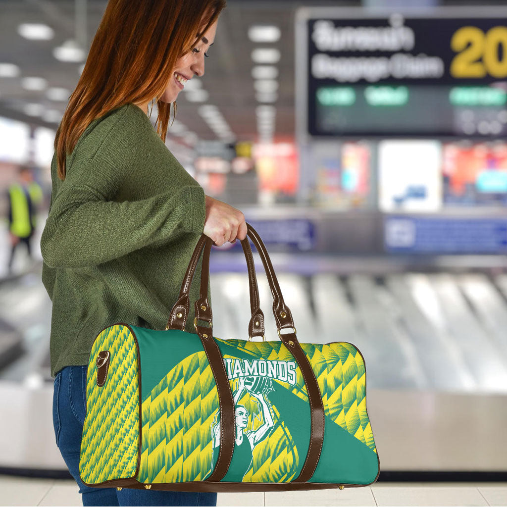 Australian Diamonds Netball Travel Bag Bold Geometric Zigzag Pattern With Athletic Player Graphics