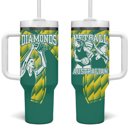 Australian Diamonds Netball Tumbler With Handle Bold Geometric Zigzag Pattern With Athletic Player Graphics