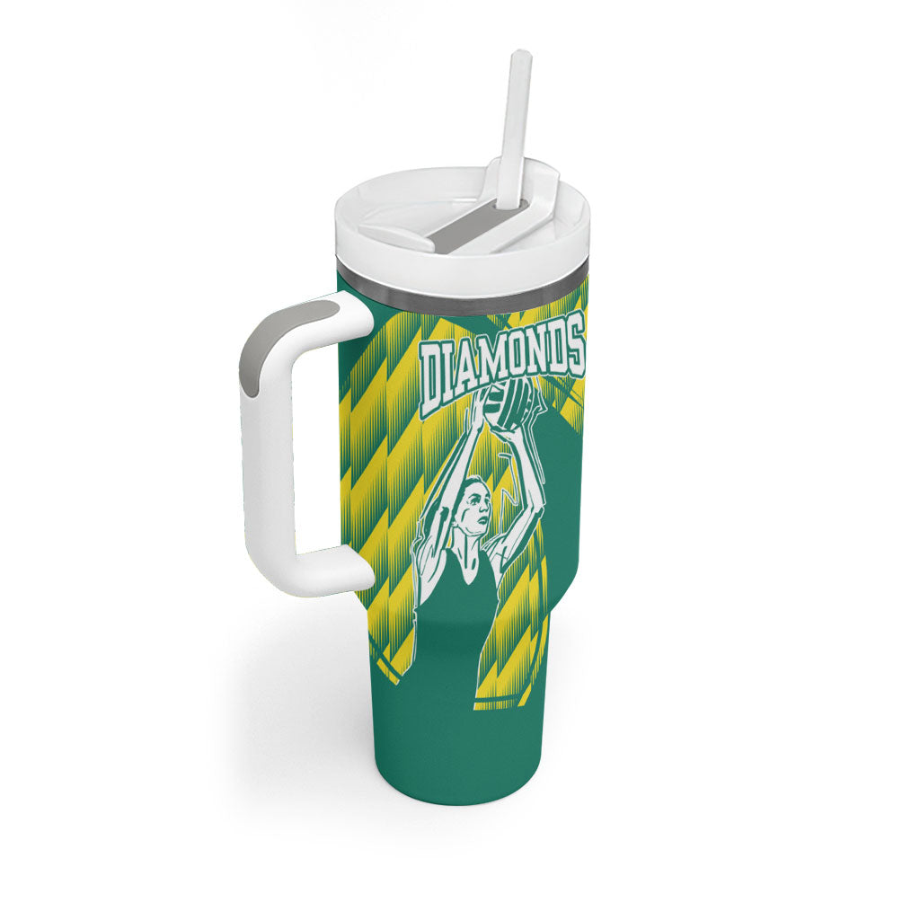 Australian Diamonds Netball Tumbler With Handle Bold Geometric Zigzag Pattern With Athletic Player Graphics