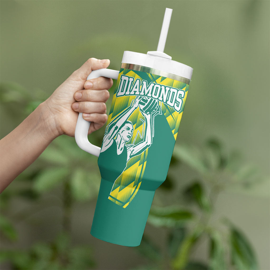 Australian Diamonds Netball Tumbler With Handle Bold Geometric Zigzag Pattern With Athletic Player Graphics