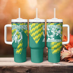 Australian Diamonds Netball Tumbler With Handle Bold Geometric Zigzag Pattern With Athletic Player Graphics