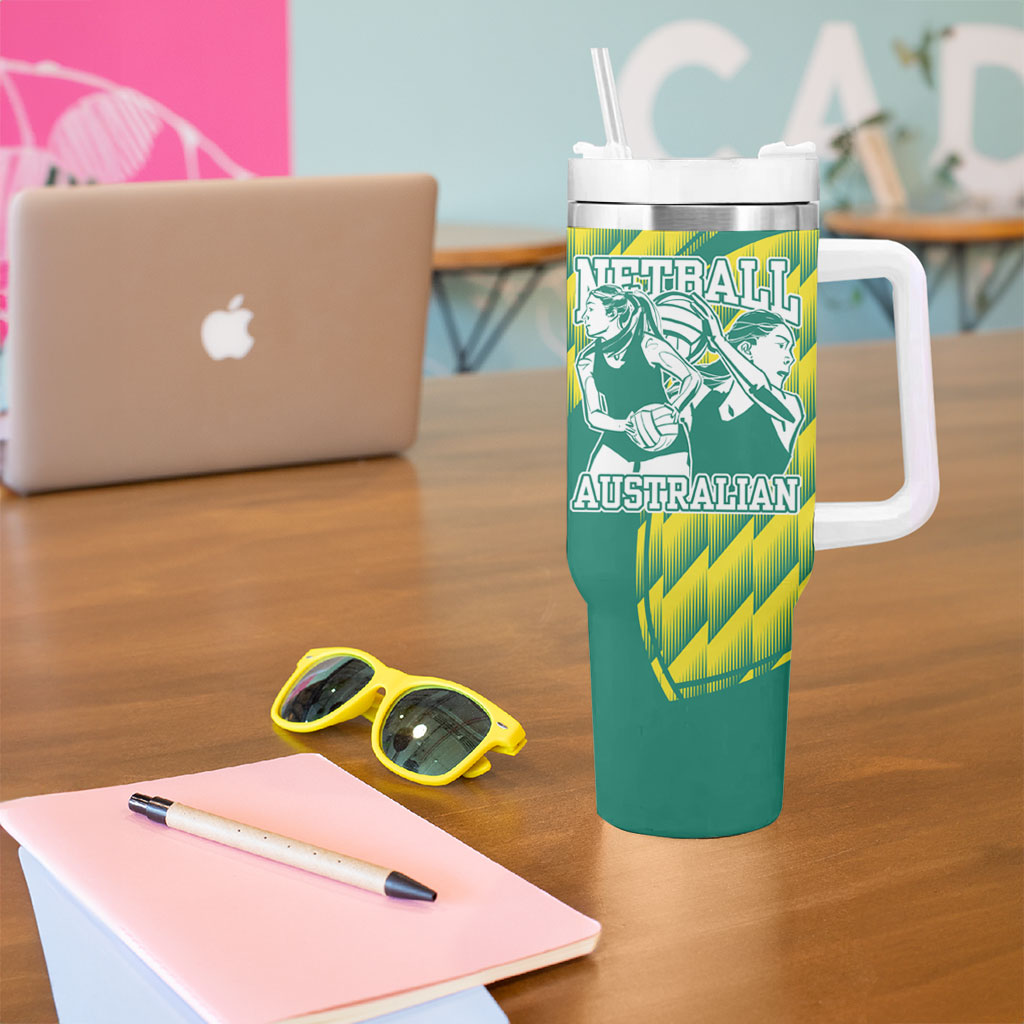 Australian Diamonds Netball Tumbler With Handle Bold Geometric Zigzag Pattern With Athletic Player Graphics
