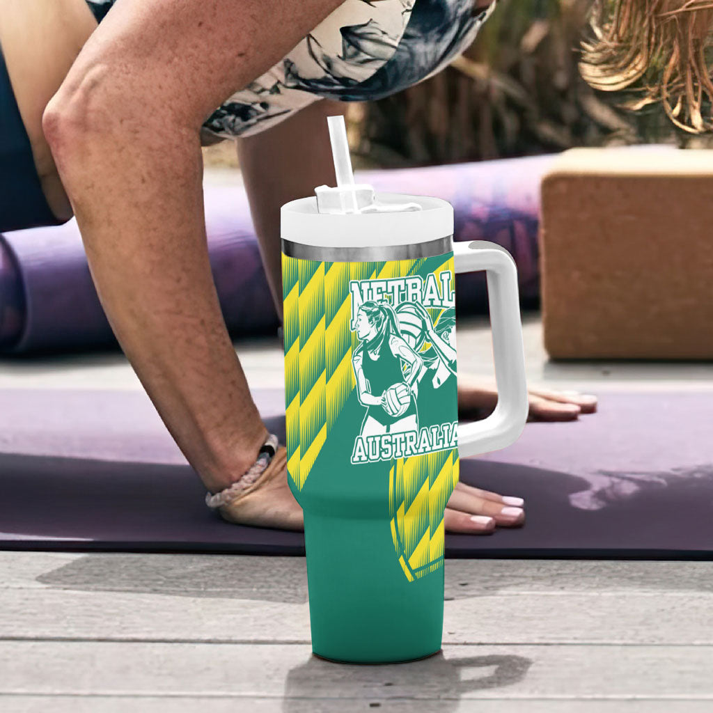 Australian Diamonds Netball Tumbler With Handle Bold Geometric Zigzag Pattern With Athletic Player Graphics