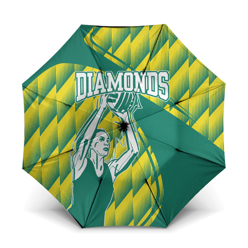 Australian Diamonds Netball Umbrella Bold Geometric Zigzag Pattern With Athletic Player Graphics