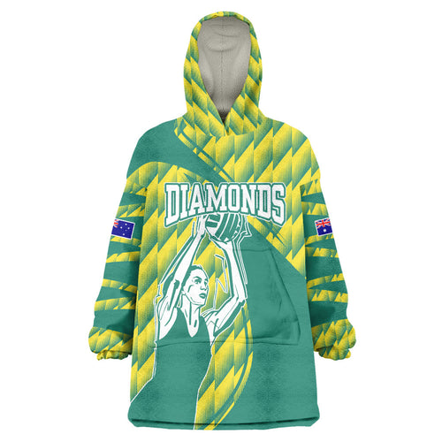Australian Diamonds Netball Wearable Blanket Hoodie Bold Geometric Zigzag Pattern With Athletic Player Graphics