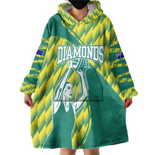 Australian Diamonds Netball Wearable Blanket Hoodie Bold Geometric Zigzag Pattern With Athletic Player Graphics