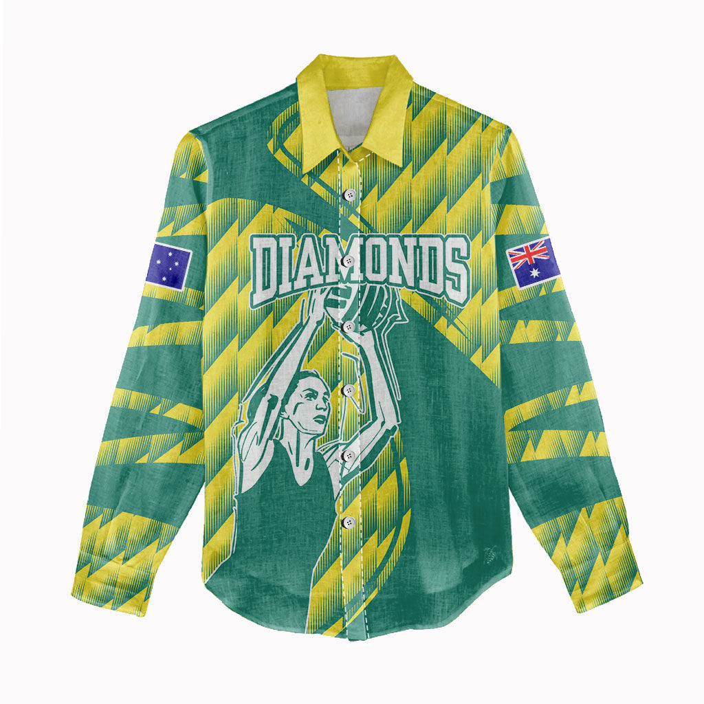 Australian Diamonds Netball Women Casual Shirt Bold Geometric Zigzag Pattern With Athletic Player Graphics