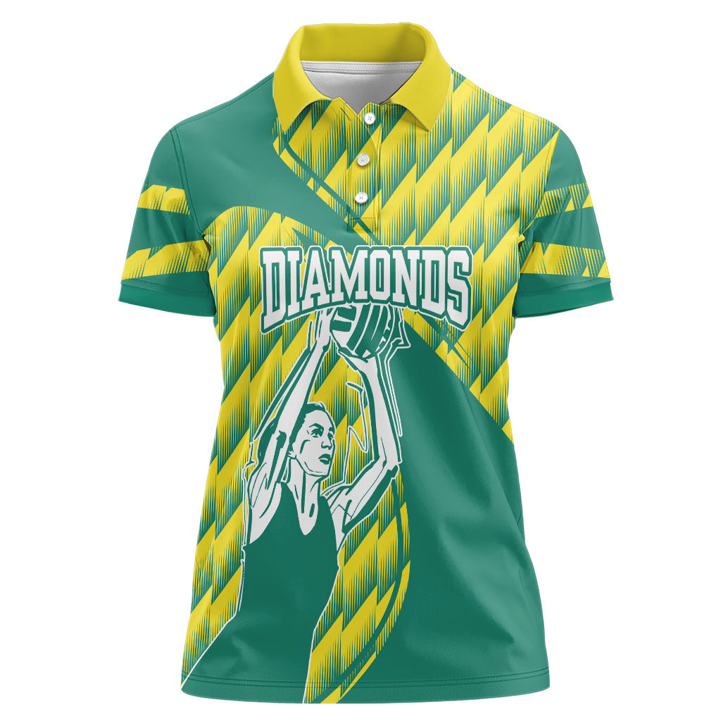 Australian Diamonds Netball Women Polo Shirt Bold Geometric Zigzag Pattern With Athletic Player Graphics