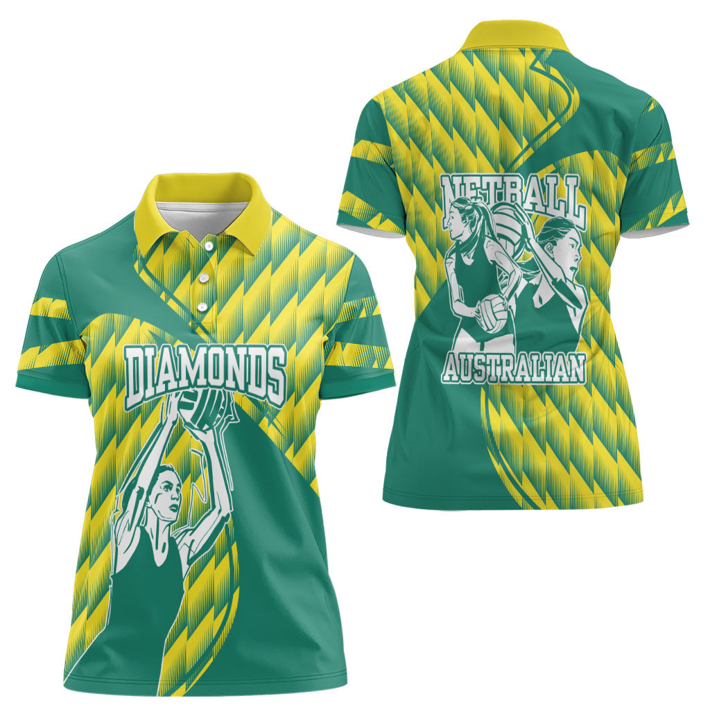 Australian Diamonds Netball Women Polo Shirt Bold Geometric Zigzag Pattern With Athletic Player Graphics