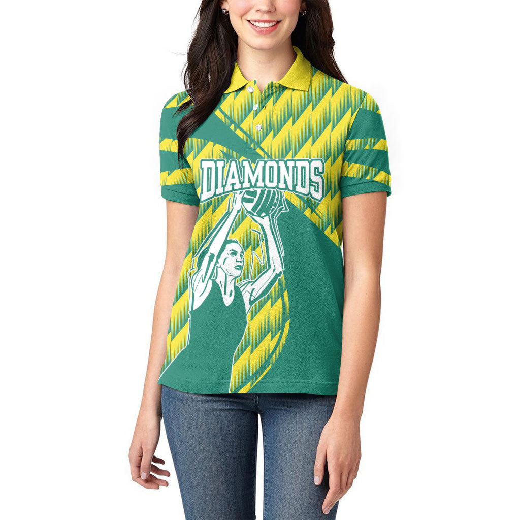 Australian Diamonds Netball Women Polo Shirt Bold Geometric Zigzag Pattern With Athletic Player Graphics