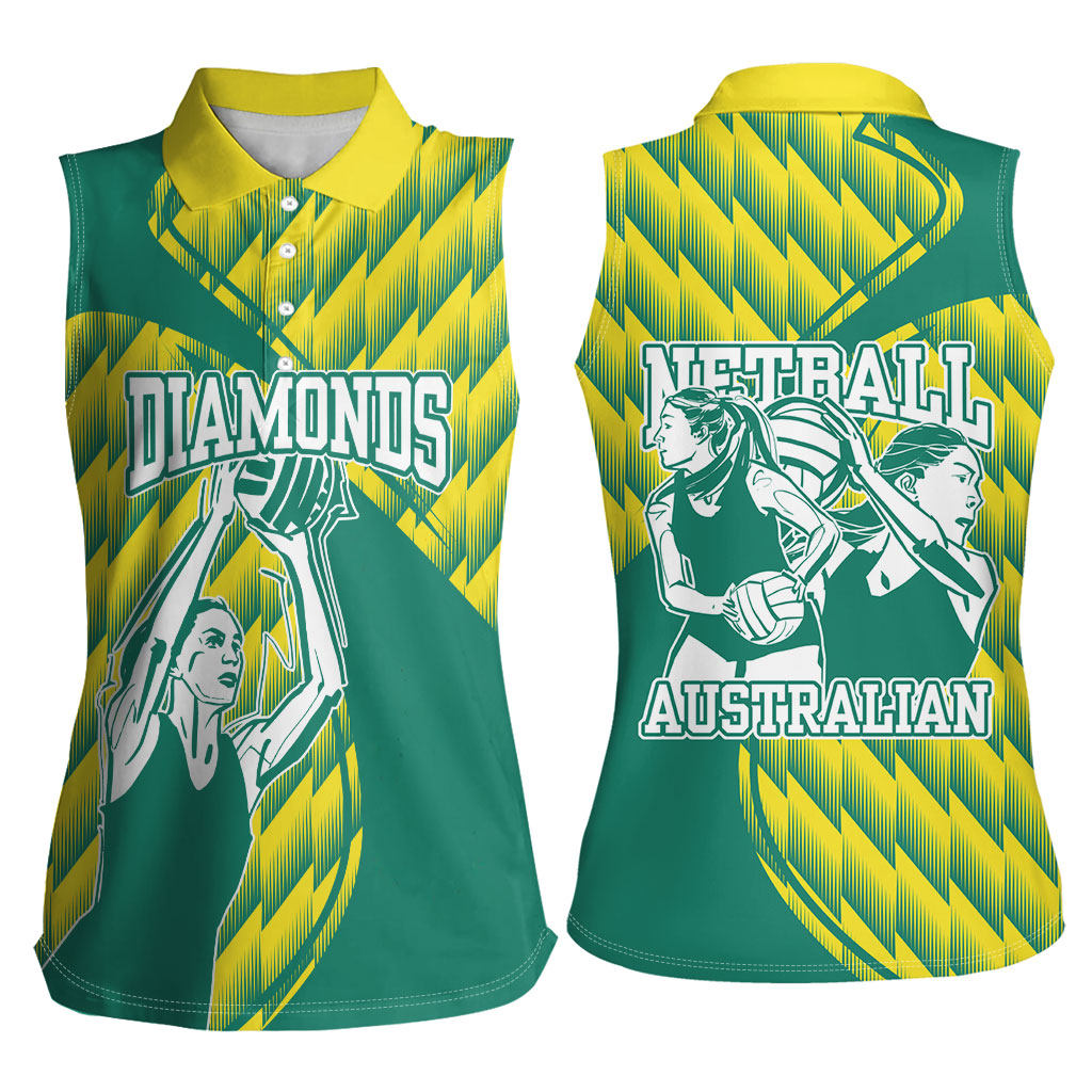 Australian Diamonds Netball Women Sleeveless Polo Shirt Bold Geometric Zigzag Pattern With Athletic Player Graphics