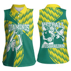 Australian Diamonds Netball Women Sleeveless Polo Shirt Bold Geometric Zigzag Pattern With Athletic Player Graphics