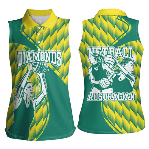 Australian Diamonds Netball Women Sleeveless Polo Shirt Bold Geometric Zigzag Pattern With Athletic Player Graphics