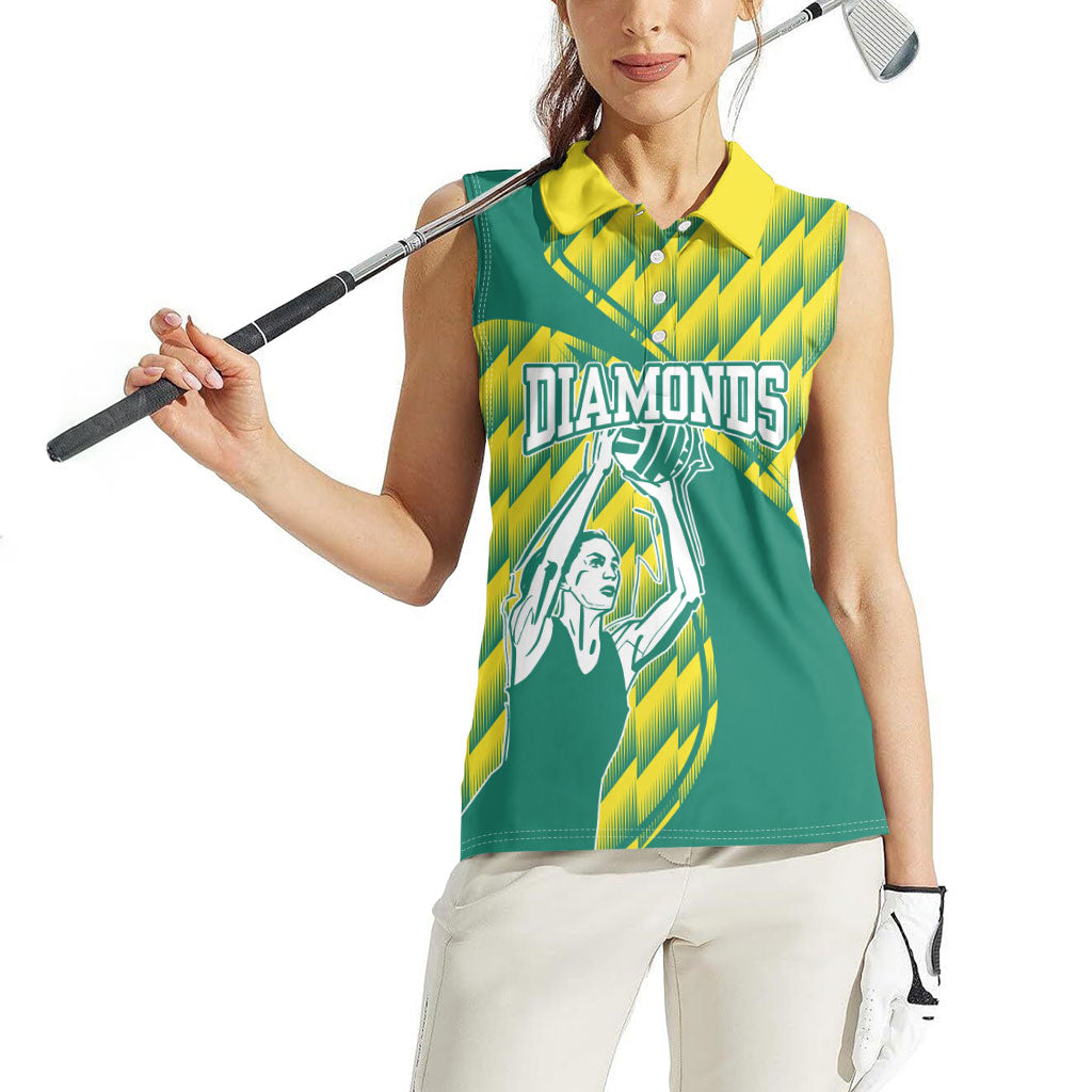 Australian Diamonds Netball Women Sleeveless Polo Shirt Bold Geometric Zigzag Pattern With Athletic Player Graphics