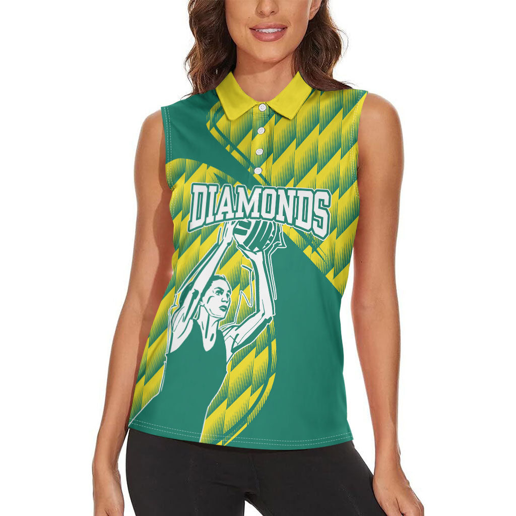 Australian Diamonds Netball Women Sleeveless Polo Shirt Bold Geometric Zigzag Pattern With Athletic Player Graphics