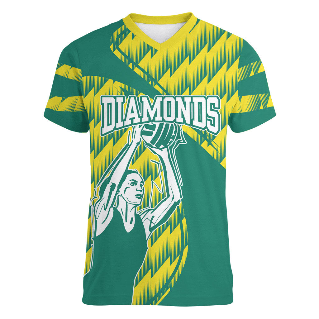 Australian Diamonds Netball Women V-Neck T-Shirt Bold Geometric Zigzag Pattern With Athletic Player Graphics