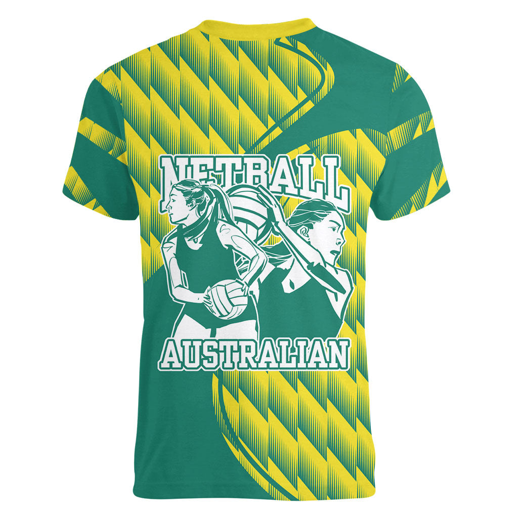 Australian Diamonds Netball Women V-Neck T-Shirt Bold Geometric Zigzag Pattern With Athletic Player Graphics