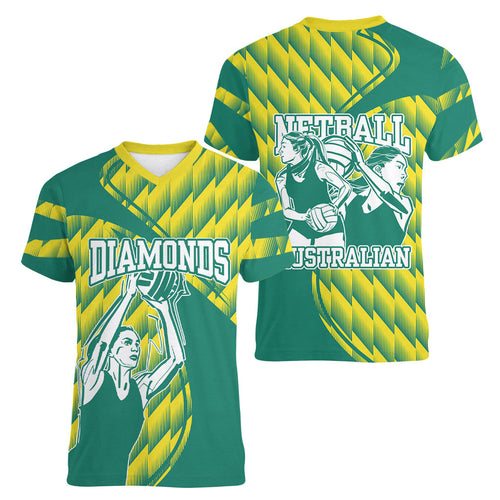 Australian Diamonds Netball Women V-Neck T-Shirt Bold Geometric Zigzag Pattern With Athletic Player Graphics