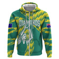 Australian Diamonds Netball Zip Hoodie Bold Geometric Zigzag Pattern With Athletic Player Graphics