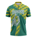 Australian Diamonds Netball Zipper Polo Shirt Bold Geometric Zigzag Pattern With Athletic Player Graphics