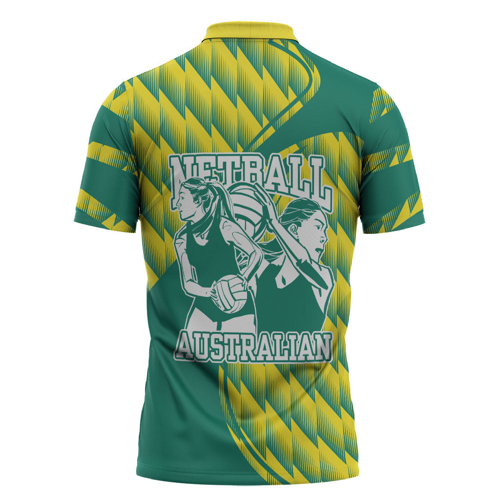Australian Diamonds Netball Zipper Polo Shirt Bold Geometric Zigzag Pattern With Athletic Player Graphics
