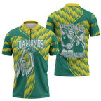 Australian Diamonds Netball Zipper Polo Shirt Bold Geometric Zigzag Pattern With Athletic Player Graphics