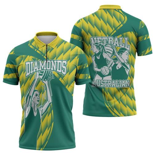 Australian Diamonds Netball Zipper Polo Shirt Bold Geometric Zigzag Pattern With Athletic Player Graphics