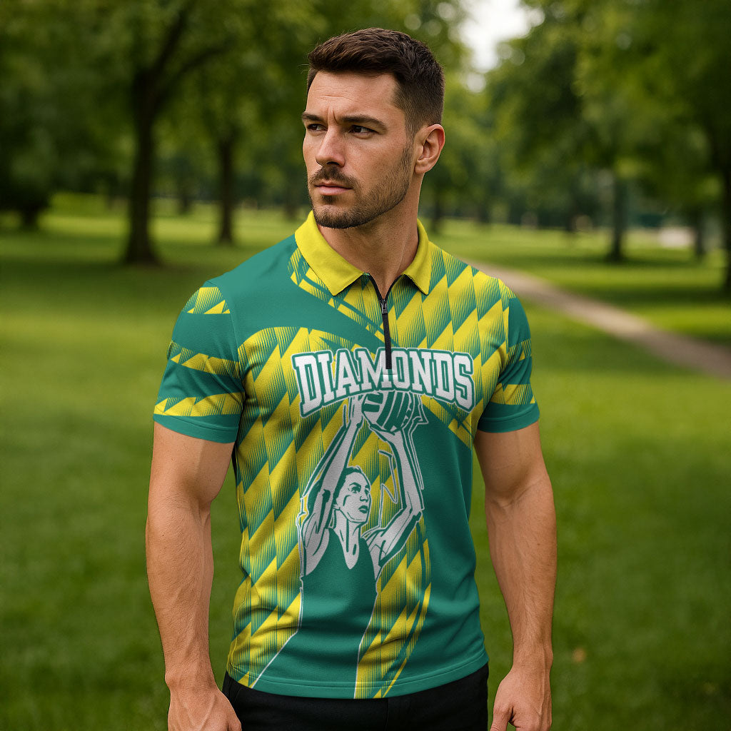 Australian Diamonds Netball Zipper Polo Shirt Bold Geometric Zigzag Pattern With Athletic Player Graphics