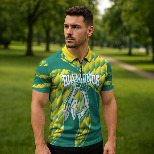 Australian Diamonds Netball Zipper Polo Shirt Bold Geometric Zigzag Pattern With Athletic Player Graphics