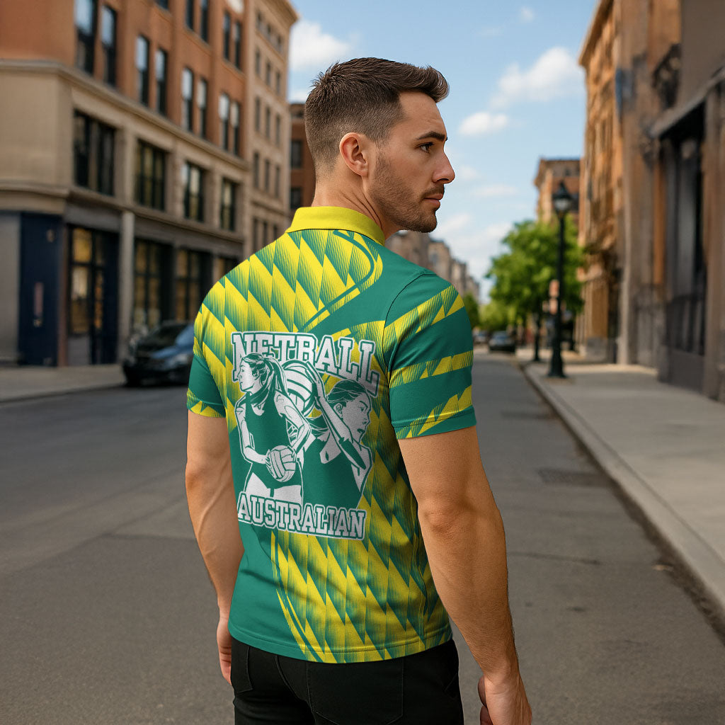 Australian Diamonds Netball Zipper Polo Shirt Bold Geometric Zigzag Pattern With Athletic Player Graphics