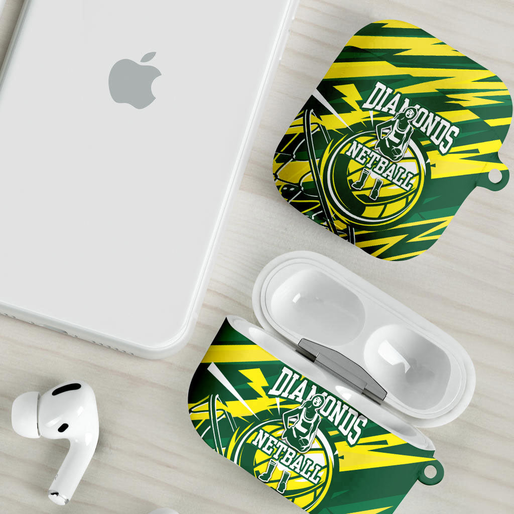 Australian Diamonds Netball AirPods Case Sharp Abstract Slash Pattern With Netball Graphic Art